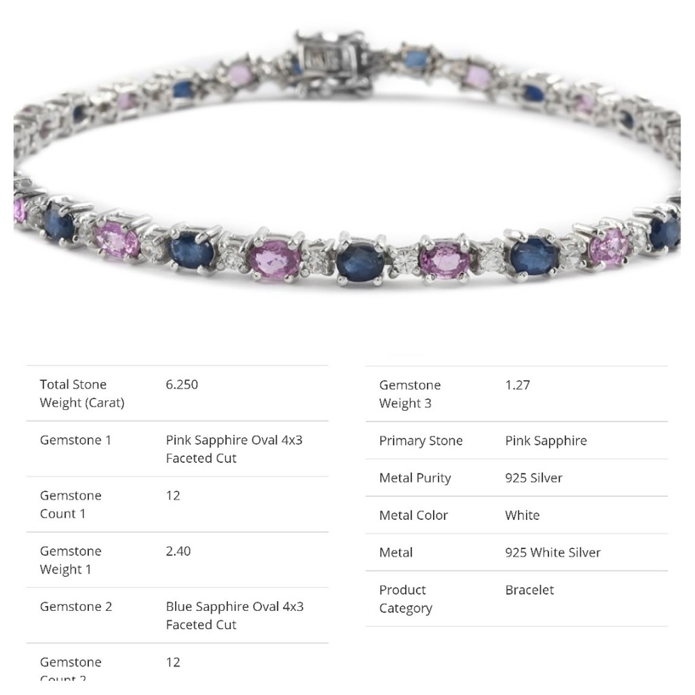 6.250 ct pink and blue sapphire tennis bracelet
